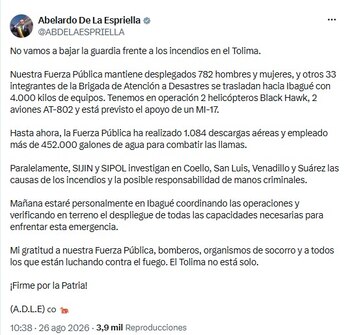 El presidente Abelardo de la Espriella afirmó que el Gobierno mantendrá el despliegue en Tolima, el departamento con más incendios forestales activos del país - crédito @ABDELAESPRIELLA/X