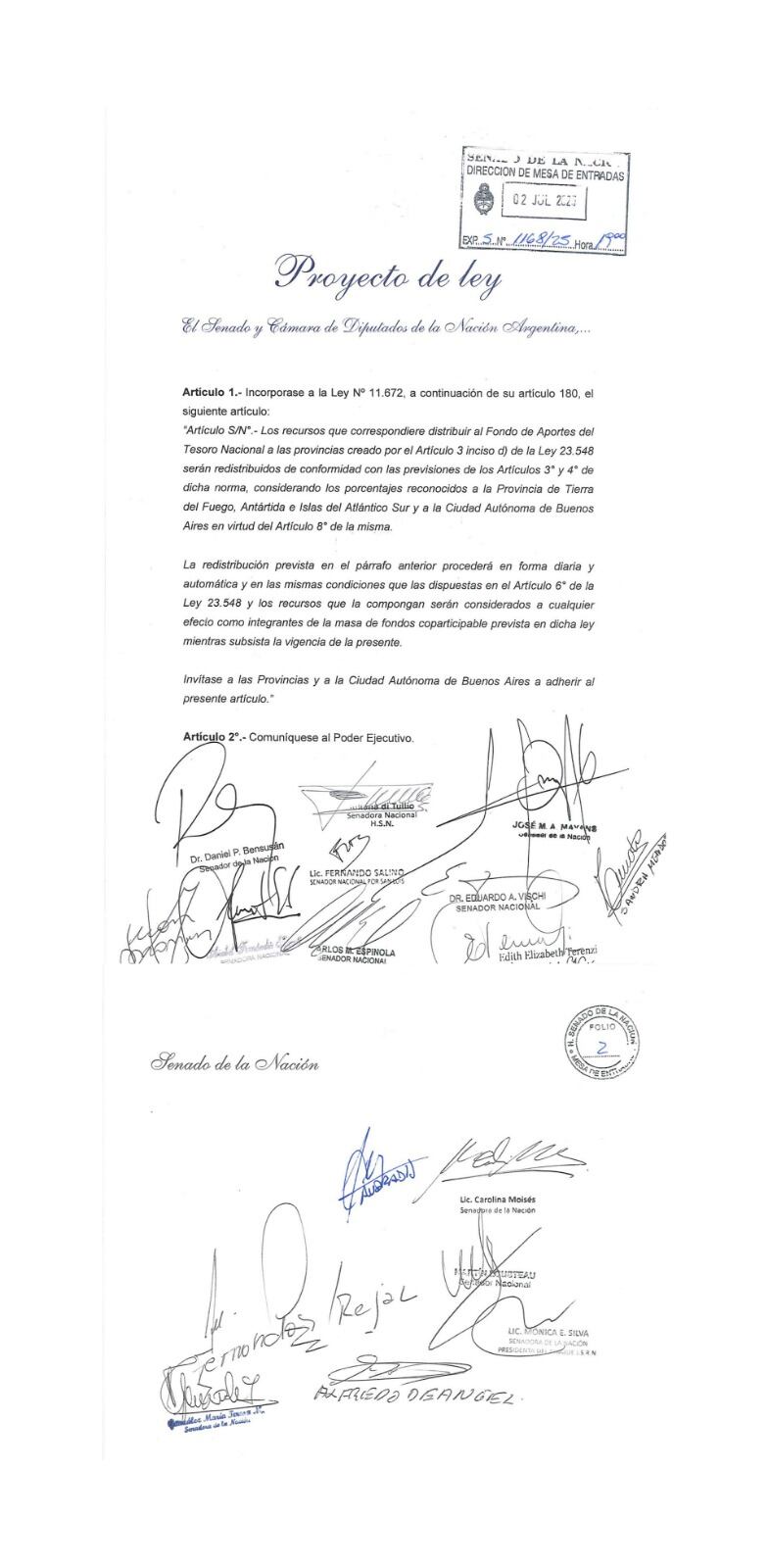 El proyecto para repartir los Aportes del Tesoro Nacional (ATN) que presentaron el jueves último los jefes del kirchnerismo, radicalismo y macrismo. También es acompañado por otros silvestres provinciales y cuenta con el aval de los 24 distritos