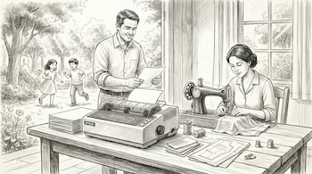 Dibujo a lápiz de una familia: un hombre sonriente con una fotocopiadora, una mujer concentrada cosiendo y dos niños corriendo al aire libre.