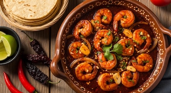 Cazuela de barro con camarones, salsa roja, aros de cebolla y cilantro picado. Cesta con tortillas, tazón con limas, chiles guajillo secos y chiles rojos frescos.