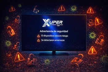 Televisor encendido con logotipo Xupert TV, advertencias de seguridad, candados rotos y símbolos de virus visibles.
