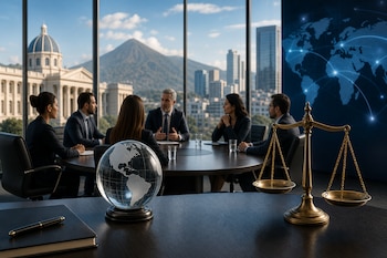 Una balanza de la justicia y un globo de cristal sobre un escritorio, con profesionales reunidos en una oficina con ventanales hacia la ciudad.