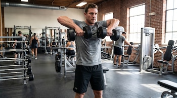 Un hombre caucásico de mediana edad en camiseta gris y shorts negros realiza un high pull con dos mancuernas pesadas en un gimnasio con ladrillo visto y grandes ventanas.