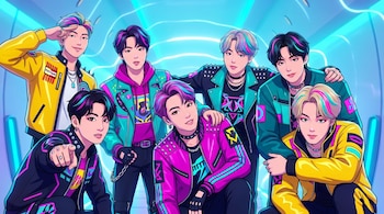 Ilustración de siete figuras masculinas con vestimenta cyberpunk y peinados coloridos posando; lucen chaquetas de cuero y detalles neón en un fondo azul brillante.