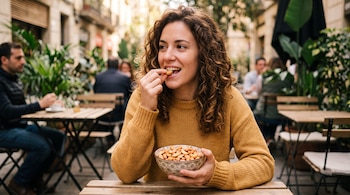 Una mujer de cabello rizado con suéter amarillo sostiene un tazón con castañas de cajú sobre una mesa de madera al aire libre.