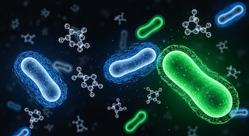 Imagen de microscopía conceptual con bacterias azules y verdes estilizadas en un fondo oscuro. Algunas bacterias tienen un resplandor digital y estructuras moleculares brillantes.
