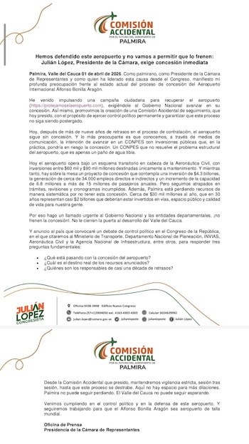 Según Julián López, los retrasos de casi una década provocan pérdidas económicas para Palmira y retrasan su desarrollo - crédito @Julianlopezte/X