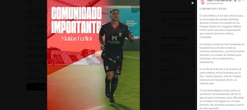 Captura de pantalla de un tuit del Club Atlético 9 de Julio con un comunicado sobre la salud de Matías Ferlini, mostrando una foto del jugador de fútbol