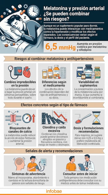 Infografía sobre melatonina y presión arterial con texto descriptivo, iconos de medicamentos, un reloj y un paciente junto a un médico.