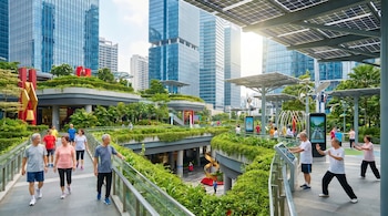 Vista panorámica de un parque urbano tecnológico diurno con personas mayores asiáticas caminando y haciendo ejercicio, edificios modernos, vegetación y paneles solares.
