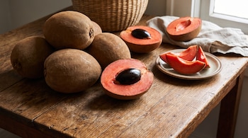 Seis mameyes enteros, dos mitades de mamey con hueso, y tres gajos de mamey en un plato sobre una mesa de madera, con una cesta y tela al fondo.