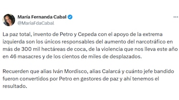 María Fernanda Cabal, la Paz Total y el aumento del narcotráfico - crédito @MariaFdaCabal/X