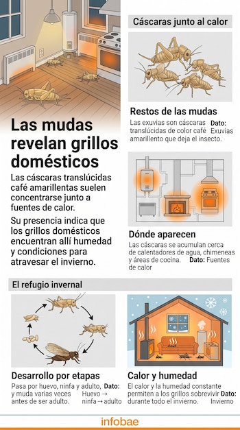 Infografía con esquemas de una casa, un ciclo de vida de insectos, ilustraciones de grillos domésticos y bloques de texto informativo.