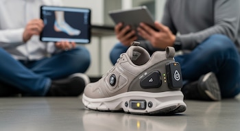 Primer plano de un zapato deportivo gris y blanco con sensores y una batería. Dos personas borrosas con tabletas están sentadas en el fondo.