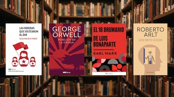 Cuatro libros: Las Obreras que Voltearon al Zar, Rebelión en la Granja, El 18 Brumario, Los Siete Locos. Fondo de biblioteca.