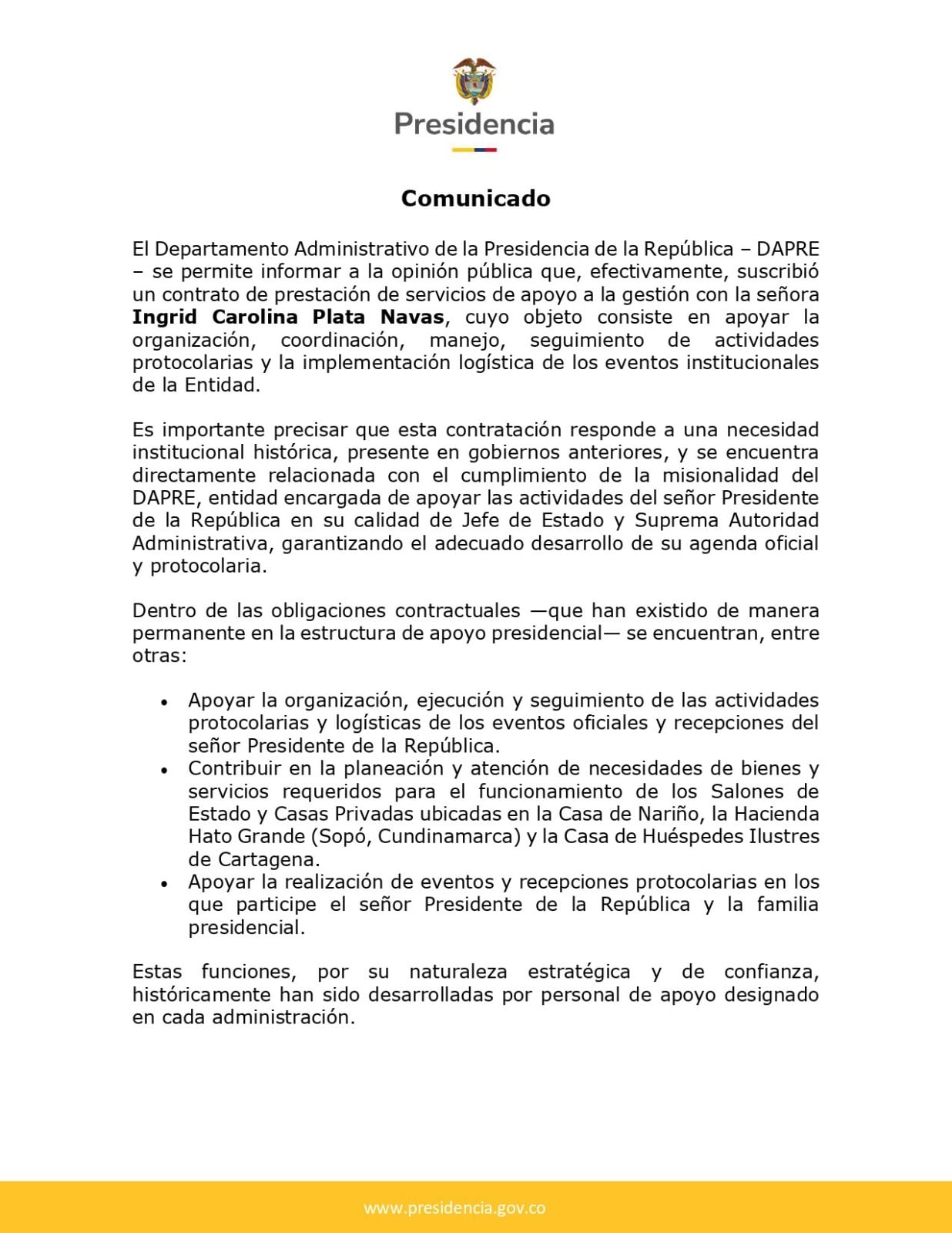 Comunicado oficial del Dapre donde se explica que la contratación de Plata Navas responde a necesidades institucionales históricas y busca optimizar recursos - crédito Dapre/X