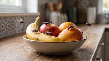 Un tazón de cerámica con un plátano, una manzana y mangos sobre una superficie de madera, con moscas posadas y en vuelo.