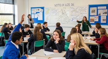 Un aula de secundaria con estudiantes uniformados sentados en pupitres, algunos debatiendo. Pizarra con "VOTO A LOS 16" y mapas. Una profesora observa.