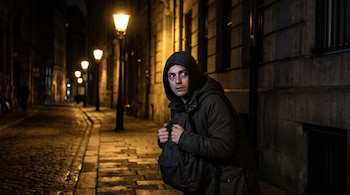 Un hombre con capucha sostiene una mochila en el pecho y mira hacia atrás en una calle empedrada iluminada por faroles nocturnos.