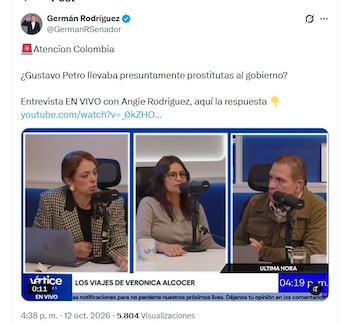 El senador Germán Rodríguez cuestionó a Angie Rodríguez por el círculo de mujeres que rodearon en el poder a Gustavo Petro - crédito @GermanRSenador/X