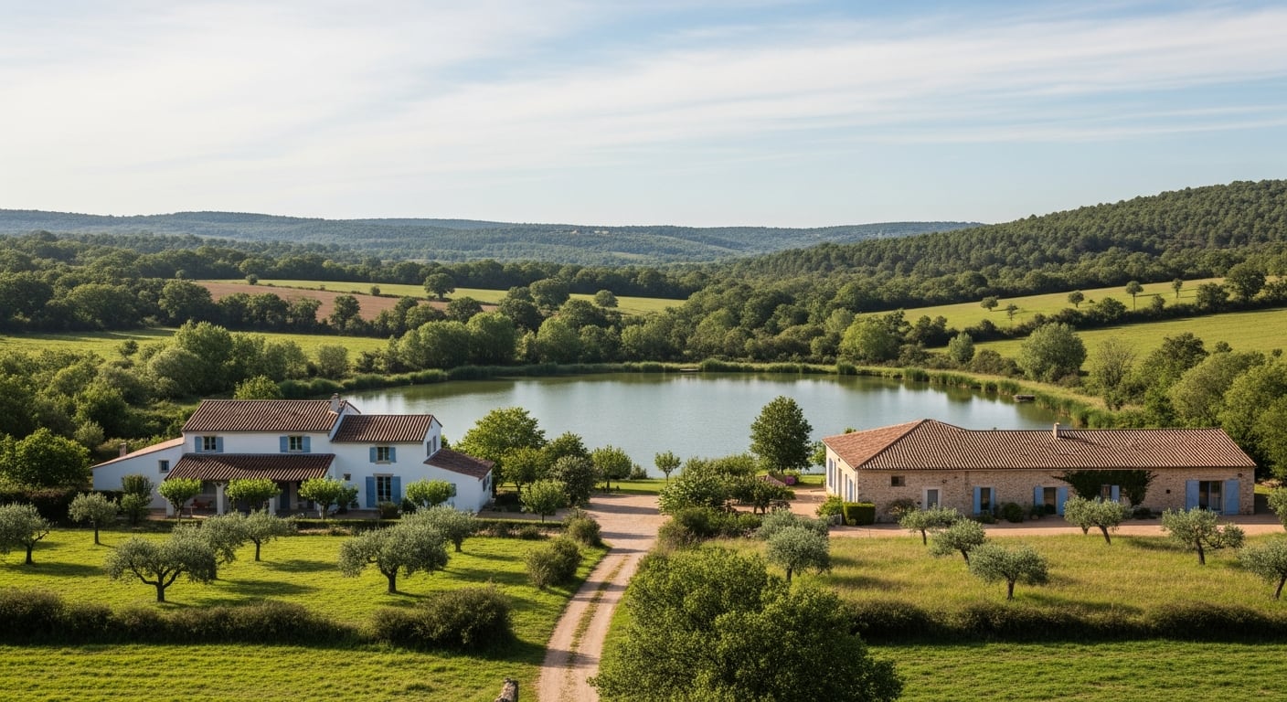 Una finca de tres hectáreas en la campiña de Lot-et-Garonne, Francia, exhibe un lago central y dos viviendas rurales tradicionales entre vegetación autóctona. (Imagen Ilustrativa Infobae)