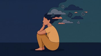 Ilustración de una persona sentada de perfil vestida de ocre, con nubes oscuras y espirales geométricas que flotan detrás de su cabeza.