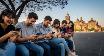 Seis jóvenes sentados bajo un árbol usan sus celulares. Al fondo, se aprecia el Zócalo y la Catedral Metropolitana de Ciudad de México al atardecer.
