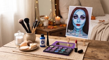 Cosméticos, pinceles, esponjas y un retrato con maquillaje de fantasía sobre un caballete, distribuidos sobre una mesa de madera.