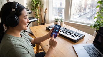 Mujer con auriculares negros, sosteniendo un teléfono con aplicación de creación musical, sentada en escritorio de madera con teclado MIDI y laptop.