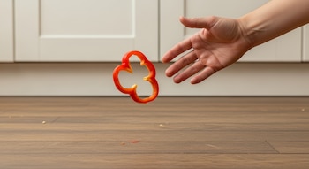 Una mano intenta atrapar una rodaja de pimiento rojo flotando sobre un suelo de madera. Se ven salpicaduras y gabinetes blancos en el fondo de la cocina.