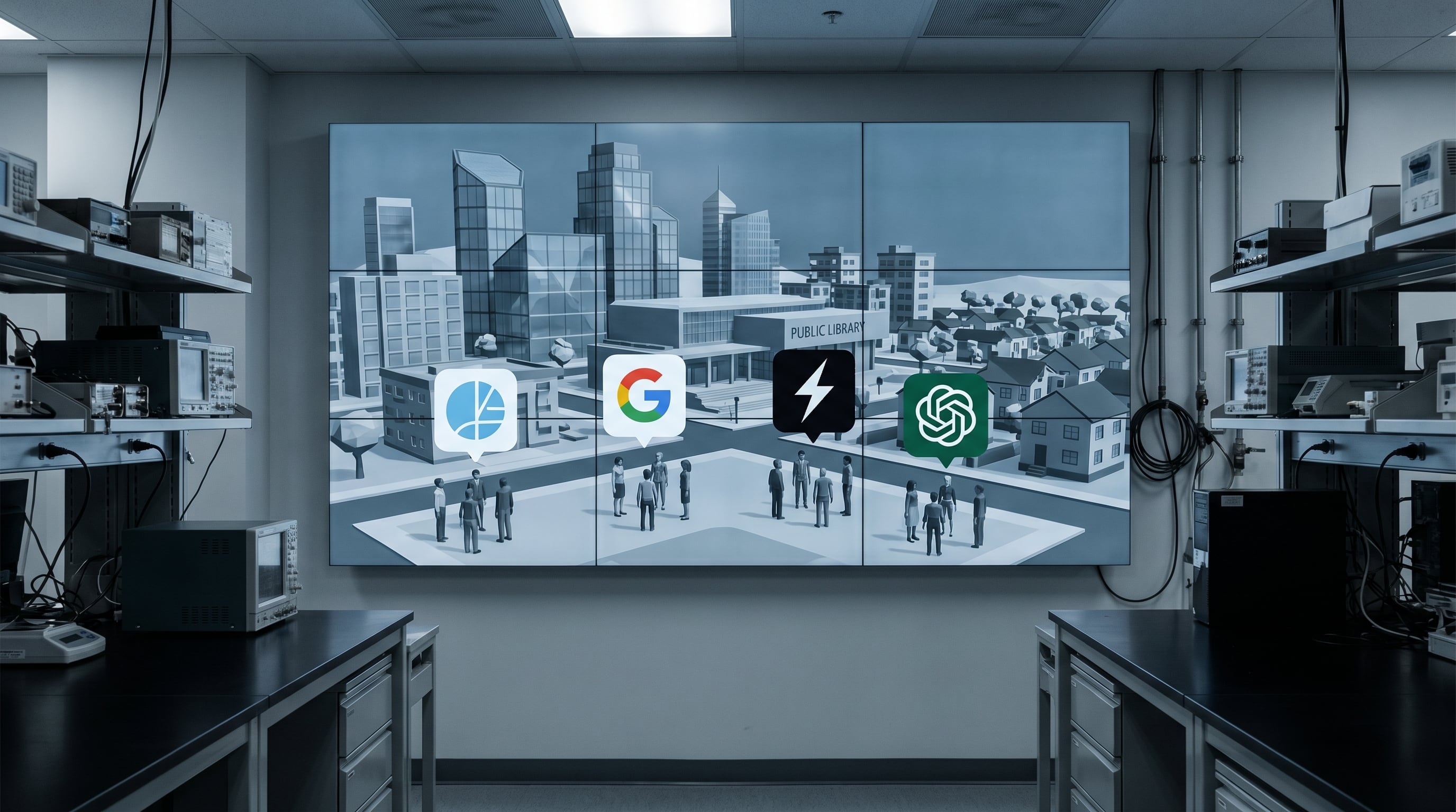 Una pantalla digital en un laboratorio muestra un mundo virtual con edificios modernos y figuras genéricas, destacando los logotipos de Claude, Gemini, Grok y ChatGPT como líderes de la inteligencia artificial. (Imagen Ilustrativa Infobae)