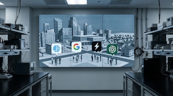 Pantalla digital en un laboratorio muestra una ciudad virtual con edificios y figuras. Los logos de Claude, Gemini, Grok y ChatGPT destacan. Equipo técnico a los lados.
