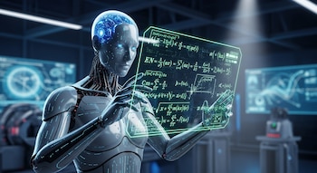 Robot humanoide futurista con detalles azules brillantes manipulando una pantalla holográfica verde que muestra complejas ecuaciones matemáticas en un laboratorio.