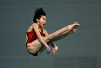 BEIJING, CHINA - FEBRUARY 20: (CHINA OUT) Wang Xin of China competes in the women's diving 10m platform final during the 16th FINA Diving World Cup, the "Good Luck Beijing" 2008 Olympic test event at the National Aquatics Centre on February 20, 2008 in Beijing, China. (Photo by China Photos/Getty Images) *** Local Caption *** Wang Xin