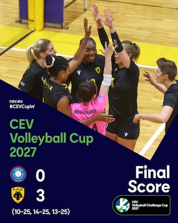 AEK Atenas venció 3-0 al Førde VK de Noruega, en el encuentro de ida de los 32avos de final de la CEV Challenge Cup.