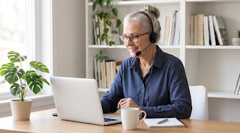Mujer de cabello canoso con anteojos y auriculares con micrófono, sentada en un escritorio frente a una laptop. Hay una planta, una taza y un cuaderno.