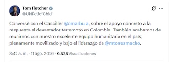 Tom Fletcher aseguró que el equipo humanitario de las Naciones Unidas evalúa la situación en las zonas afectadas - crédito @UNReliefChief/X