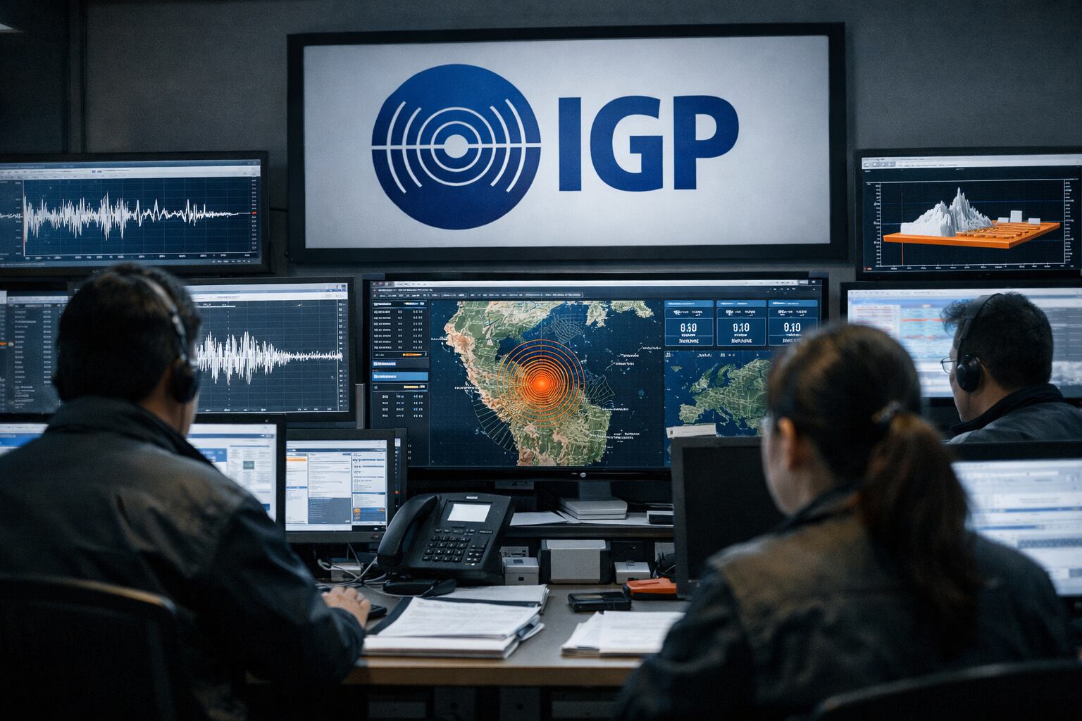 Operadores del Instituto Geofísico del Perú (IGP) monitorean datos sísmicos en tiempo real en una sala de control, con el logo de la institución visible en una pantalla principal. (Imagen Ilustrativa Infobae)
