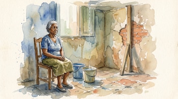 Ilustración en acuarela de una mujer sentada junto a dos baldes que reciben agua del techo, frente a una pared dañada.