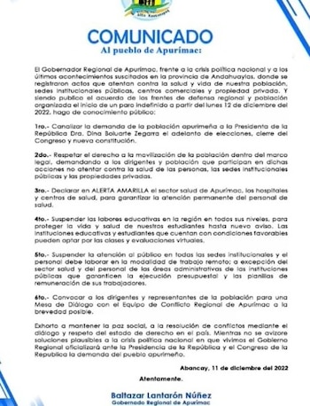 Clases en Apurímac quedan suspendidas por protestas en Adahuaylas y muerte de dos personas