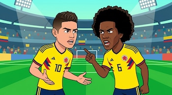 Dibujo animado de los jugadores colombianos Carlos Sánchez (6) y James Rodríguez (10) en sus camisetas amarillas, discutiendo en un estadio de fútbol.