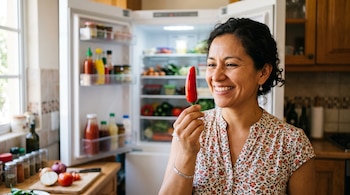 Mujer con blusa de flores sostiene un chile rojo a la altura del rostro, con un refrigerador abierto al fondo.