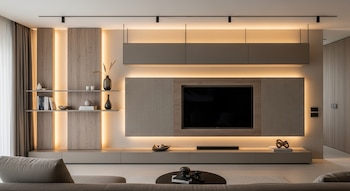 Sala de estar contemporánea con un gran televisor negro empotrado en un mural de madera y paneles texturizados, estanterías iluminadas y muebles flotantes.