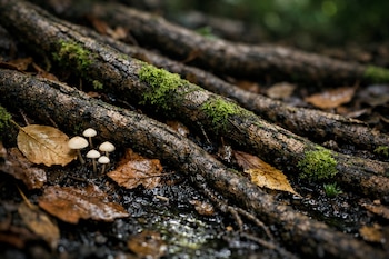 Primer plano de suelo de bosque con raíces gruesas, musgo verde, hojas secas de tonos ocres y cinco hongos pequeños de color blanco crema.