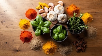 Varias pilas de especias en polvo de colores vivos, hierbas frescas como albahaca y romero en cuencos, cabezas de ajo, cúrcuma y anís estrellado sobre una mesa de madera.