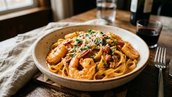 Un bol blanco de pasta con camarones en salsa rosada, perejil y queso rallado sobre una mesa de madera. Al fondo, vaso de agua y copa de vino