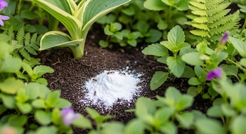 Montículo de polvo blanco en tierra oscura con varias hormigas marrones pequeñas alrededor. Rodean la escena plantas verdes y algunas flores moradas.