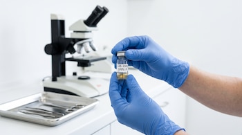 Manos con guantes de nitrilo azul sostienen un frasco de vidrio etiquetado junto a un microscopio sobre una mesa blanca.