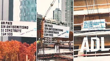 Una nueva campaña contra el antisemitismo se desplegó en varios edificios en construcción en medio de la fiebre mundialista