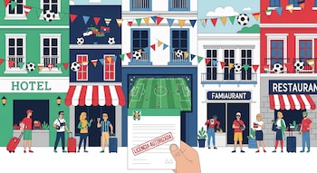 Ilustración plana de una calle comercial vibrante decorada con balones y banderines. Turistas, una mano con 'Licencia Autorizada' y una pantalla con partido de fútbol.